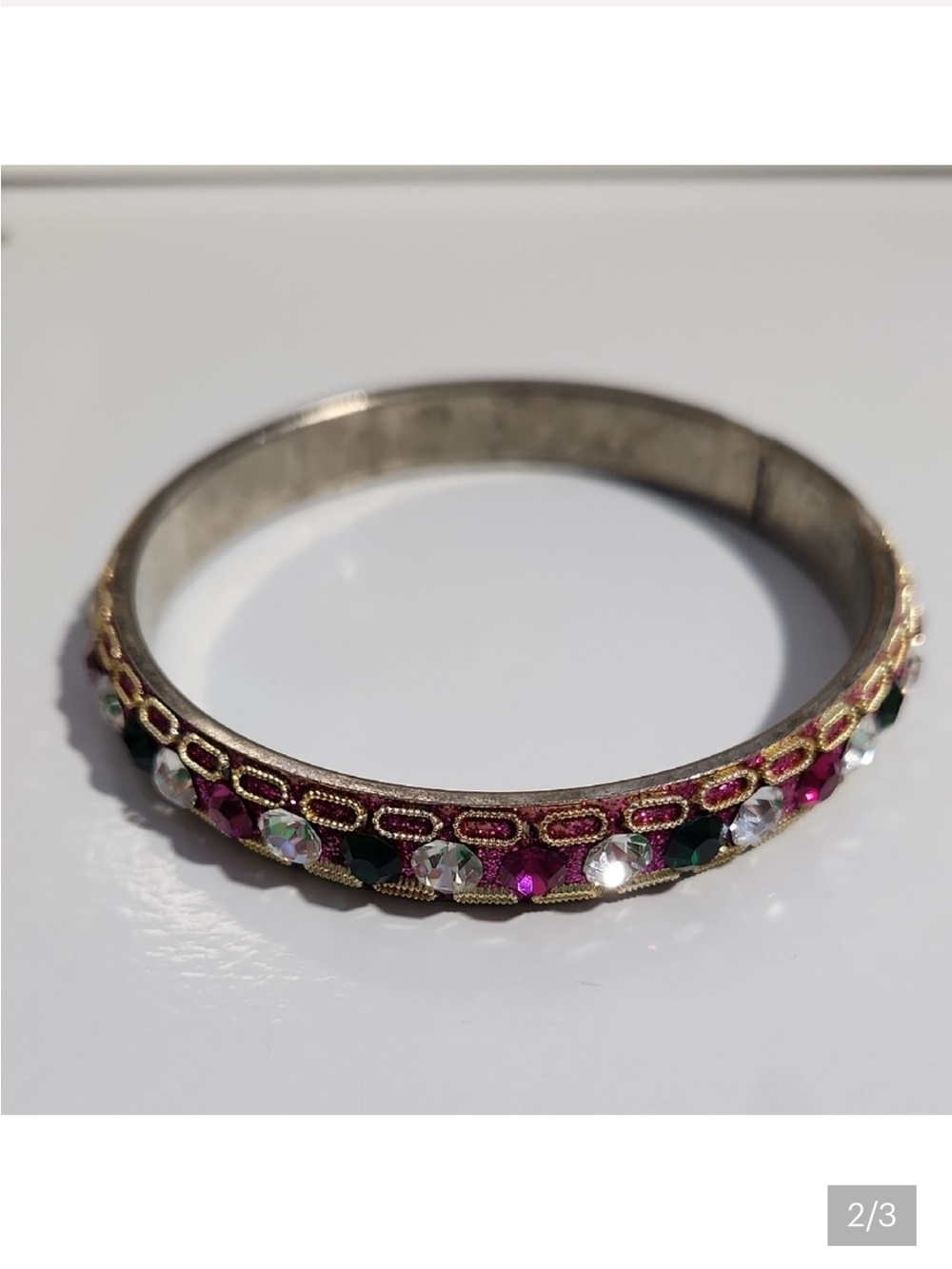 Gold-Tone Bangle Bracelet with Pink and Green Crystals